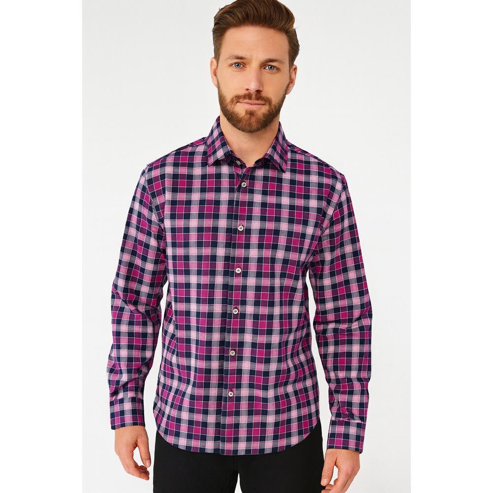 Express fitted L mens long sleeve button up purple plaid 16 - 16.5 proffesional